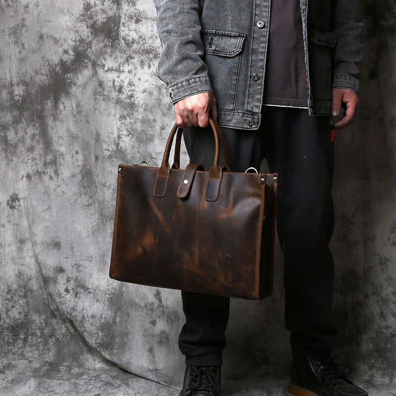 Vintage Genuine Men's Briefcase Natural Cowhide Handbag Crazy Horse Leather Computer Casual Crossbody Bag