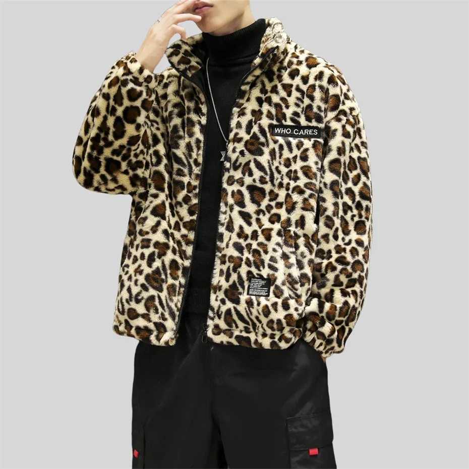 Mens winter Flce jacket leopard print wool jacket mens thick warm mens clothing oversized casual mens jacket W241024