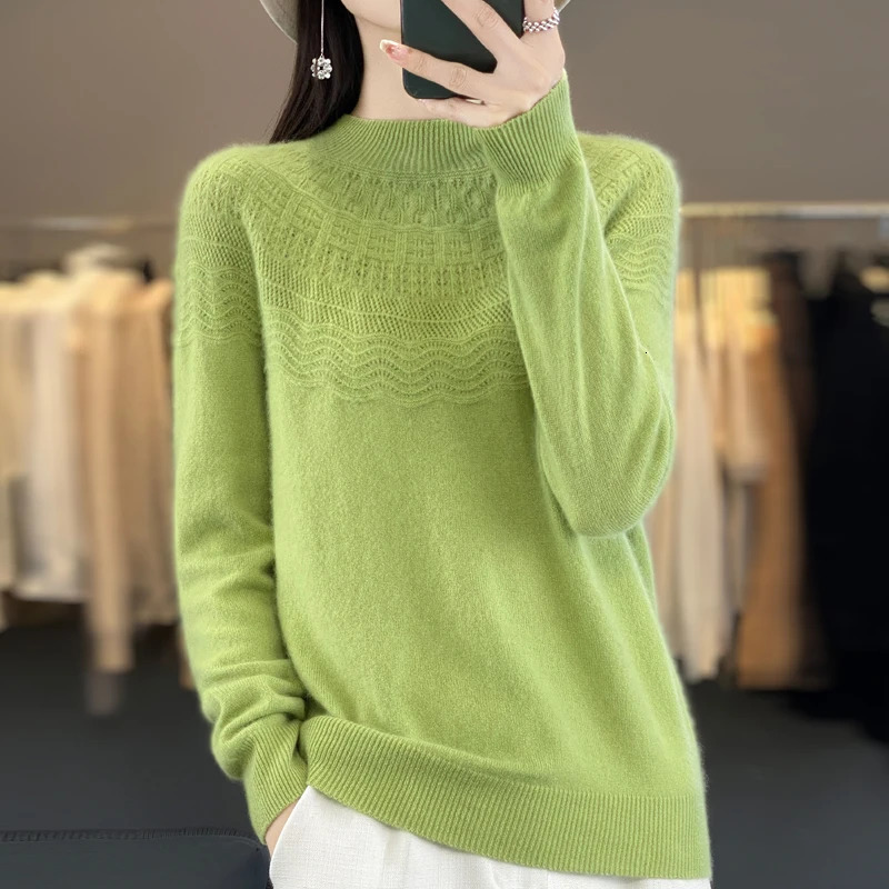 Autumn Winter Women 100% Merino Wool Pullover Mockneck Basic Sweater Hollow Solid Cashmere Knitwear Female Bottoming Shirt 241021