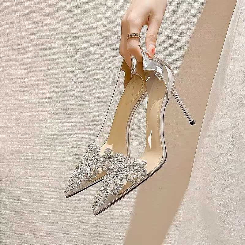 High Quality Womens single shoe new Korean transparent high toe sole Rhine champagne bridesmaid dress wedding shoes T241024