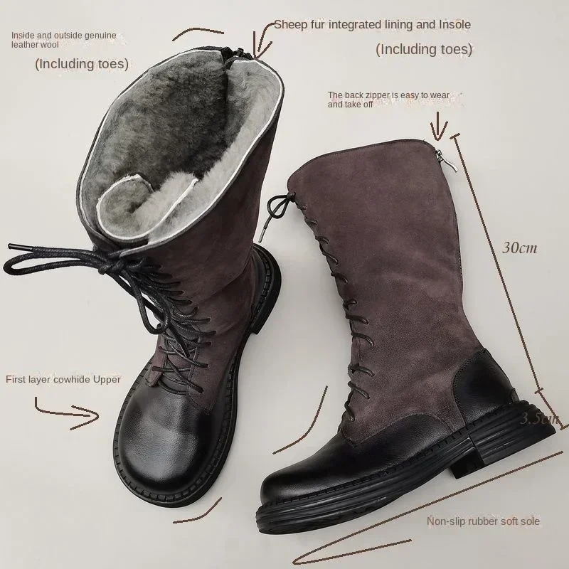 Knight Genuine Leather Real Wool Women's Knee-High Sheepskin Fur Anti Slip Thick Cotton Warm Lace Up Long Boots 3337 241110