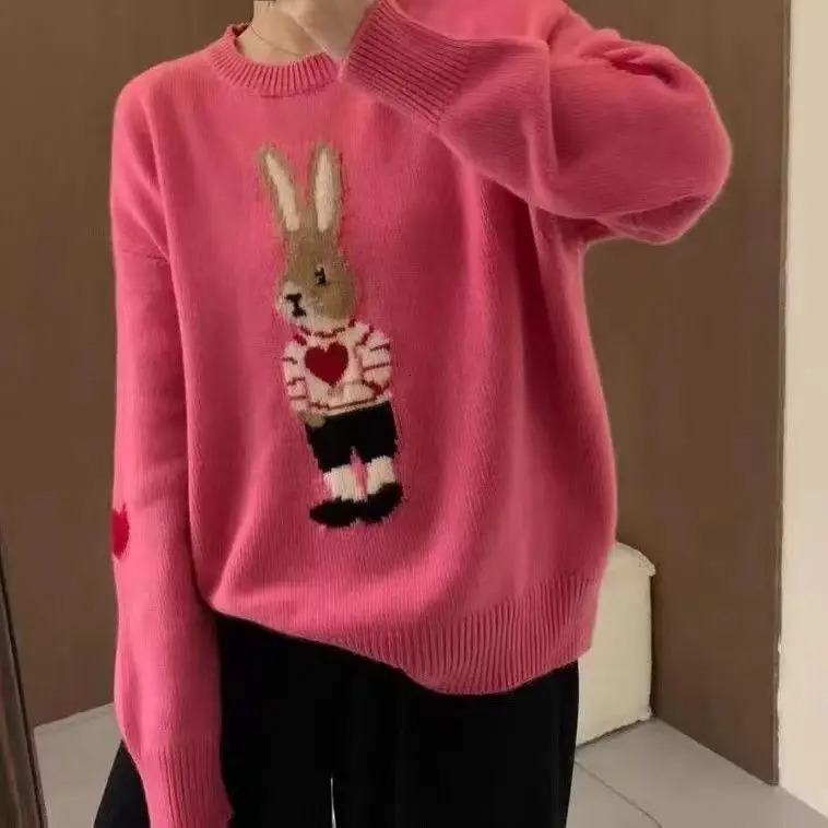 Korean Fashion Y2k Pulls Autumn Winter Cartoon Bunny Round Neck Pullover Long Sleeve Knitted Sweater for Women 241021