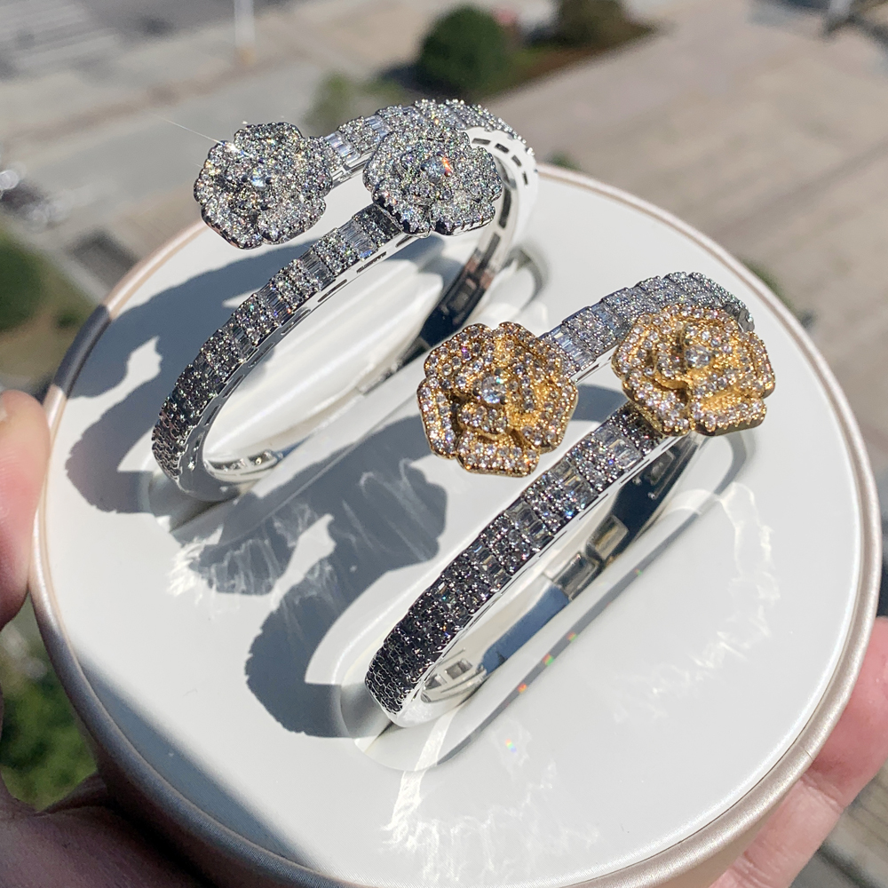 Fashion Flower Cubic Zircon Charm Bracelet Bling Cz Paved Iced Out Opened Rose Bangle for Men Women Hip Hop Luxury Jewelry