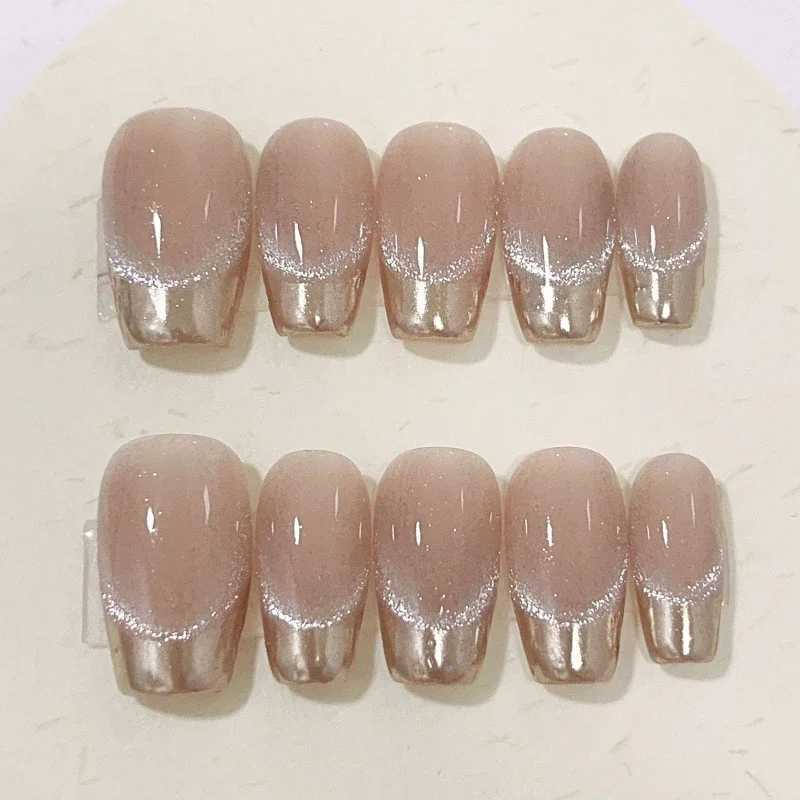 10pcs Detachable Cat Eye Gradient Fake Nail Magic Mirror Powder Square Press on Nails Medium Length Ballet False Nails with GlueXJ241025