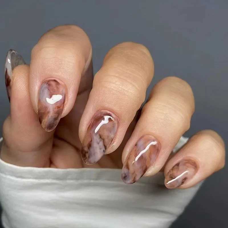 24Pcs Long French False Nails with Almond Head Design White Lines Fake Nail Wearable Oval Press on Nails Full Cover Nail TipsXJ241025