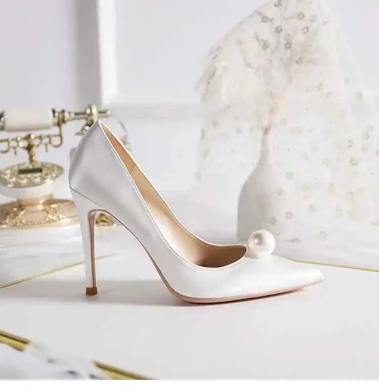 High Quality Womens Pump New Fi Womens Shoes Pointed White Pearl High Heels 8cm Stiletto High Heels Red Bridal Dress Pary Shoes T241024