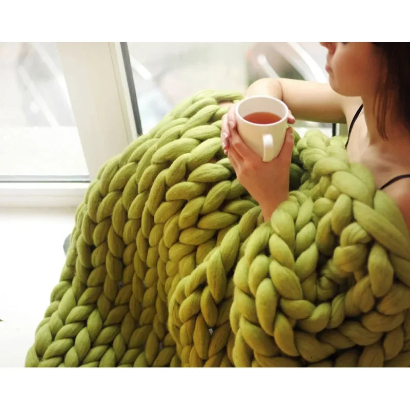 2024 Chunky Merino Wool Blankets Stitch Thick Large Yarn Roving Knitted Blanket Winter Warm Throw Plaid Sofa Bed Decorative 241024