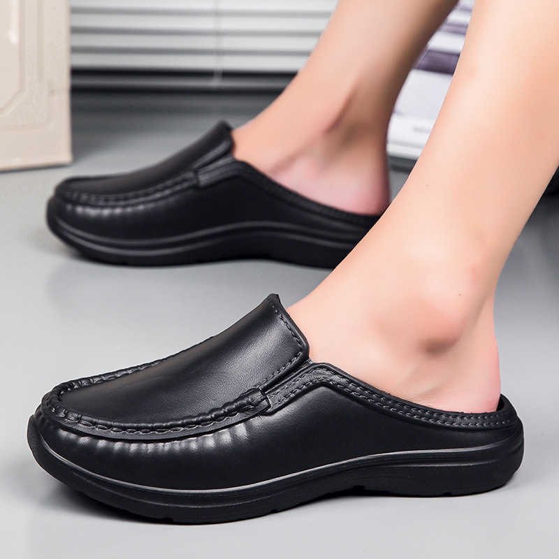 Men Dress Shoes Mens Half Slippers Summer New Style Leather Shoes Lazy Shoes One Foot Sandals Mens Driving Thick Bottom Casual Small Casual Shoes 2410