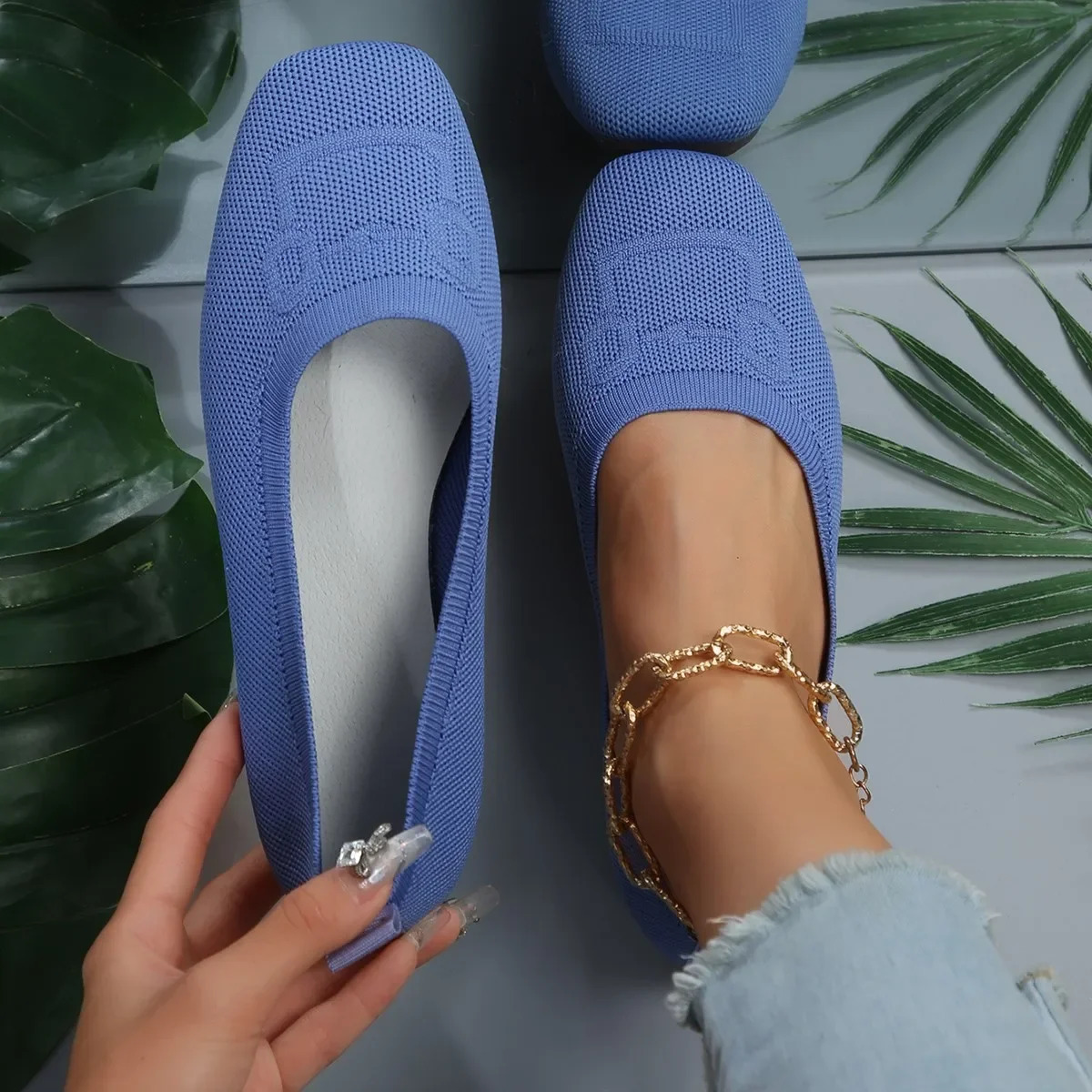 Womens flat shoes summer solid knit flat shoes casual breathable ballet soft womens mesh shoes Loafers Zapatos De Mujer 241024