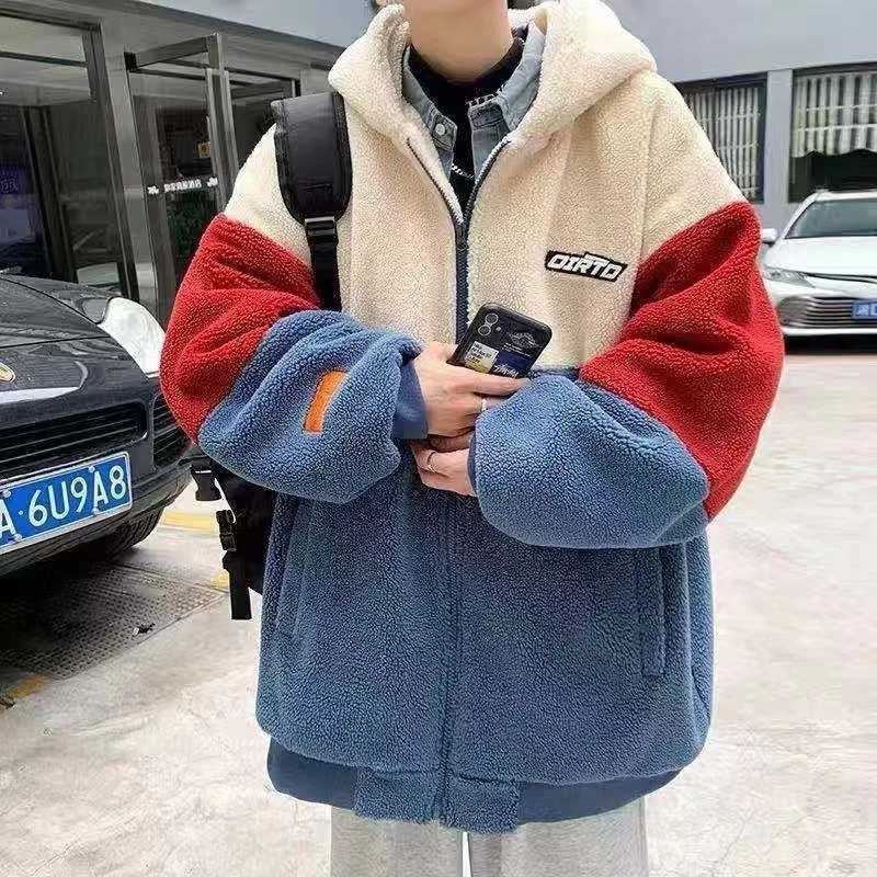 Y2K fashion Lambswool cotton padded jacket mens autumn and winter new hoodie lazy style Lambswool cotton padded jacket loose jacket W241024