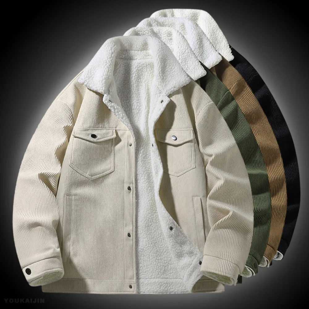 Winter wool lined Corduroy jacket mens high-quality thick Lambswool warm Parka solid color hiking jacket mens clothing W241024