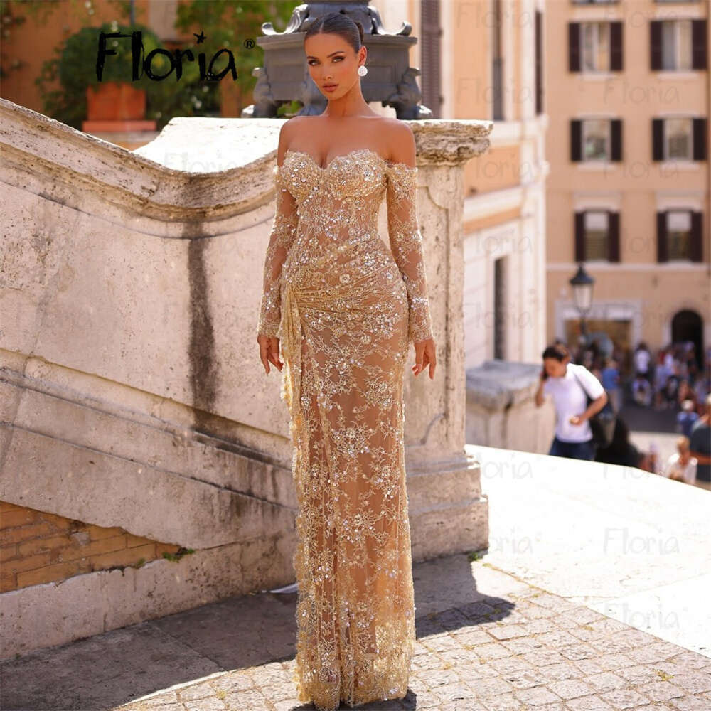 Champagne Lace Off Shoulder Wedding Dress Mermaid Deep Sweetheart Necke Side Split Bridal Gowns Custom Vestidos De Novias