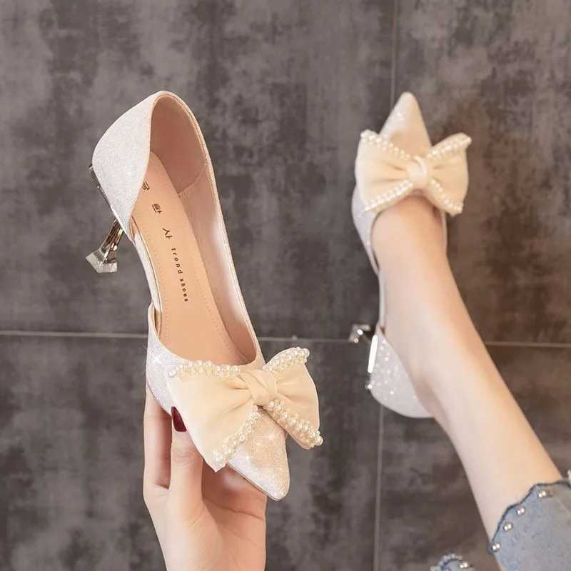 High Quality Womens High Heels Spring/Summer New Hollow Girl Dot Pearl Bow Stiletto High Heels Party Single Shoes Womens Pump Sandals T241024