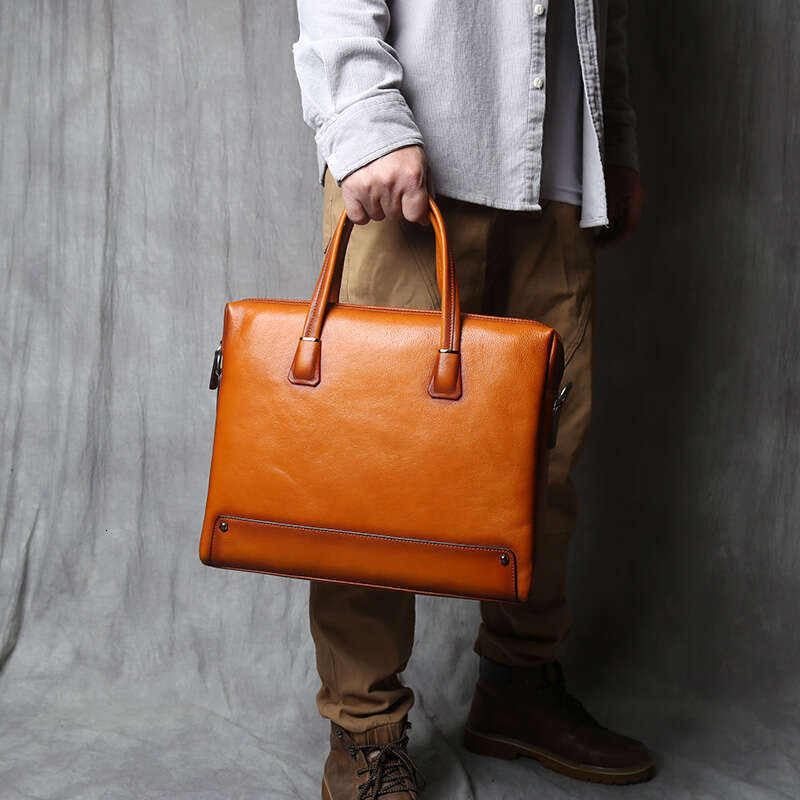 Leather Men Briefcase Natural Cowhide Handbag Vintage Computer Bag Casual Business Shoulder Messenger For 14-Inch Laptop