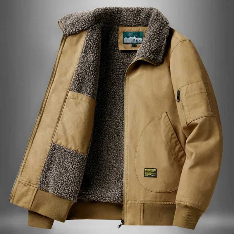 Mens wool jacket autumn solid color Flce workwear plus size outdoor travel collar jacket mens warm cotton clothing W241024