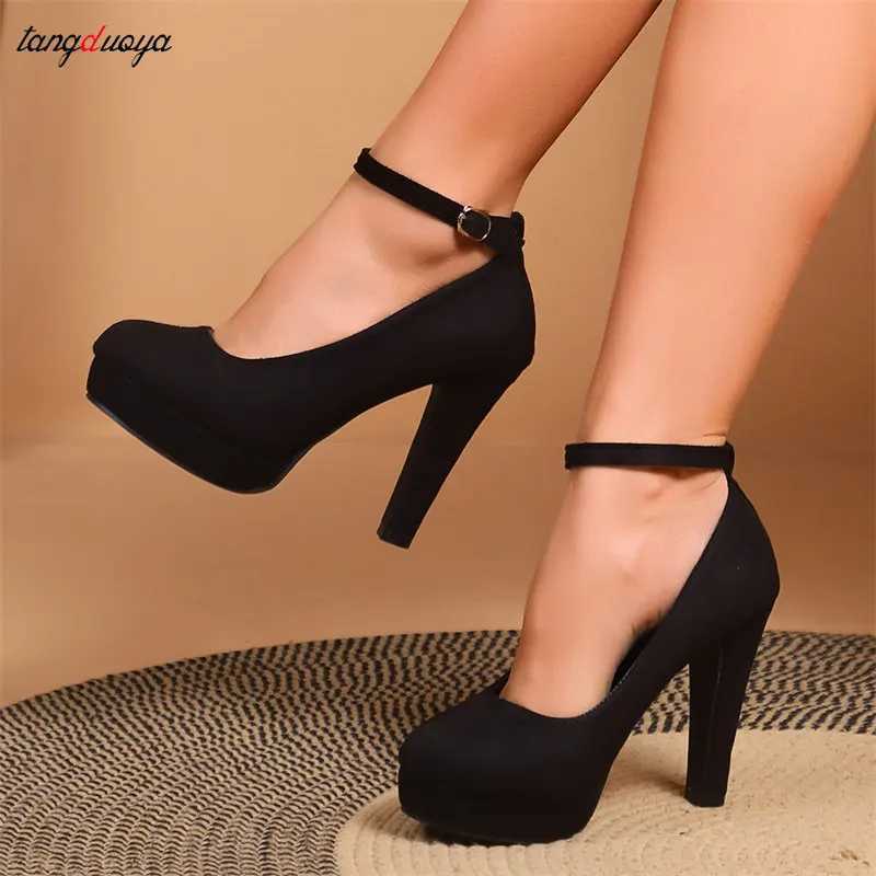 High Quality Platform Heels e Word Buckle Pointed Toe High Heels Sexy Platform Thin High Heels Womens Party Pump Professional Work Shoes Large Size 42