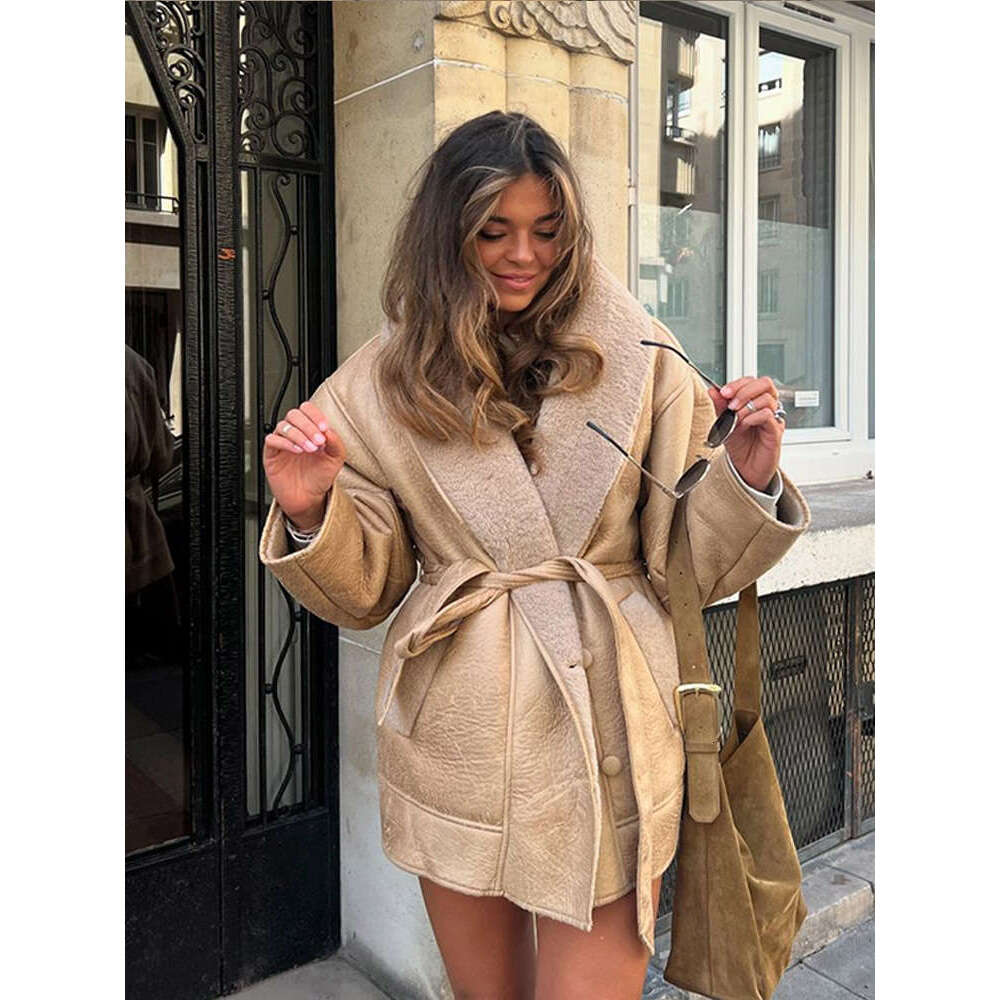 Fashion Adjustable Lace-Up Lapel Plush Coat Warm Full Sleeve Single-Breasted Double Pockets Slim Jacket New Lady Streetwear