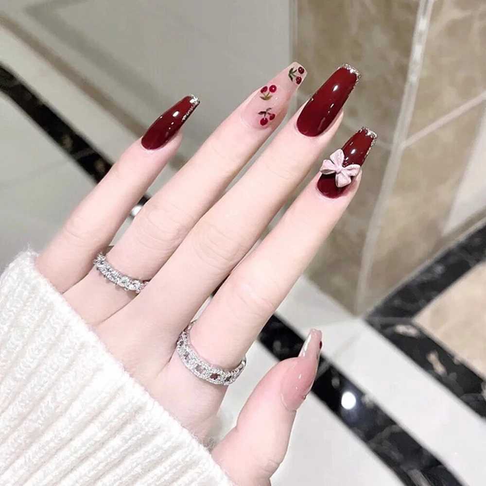 24Pcs Coffin Press on Nails Full Finished Deep Red False Nails Cherry Pattern Fake Nails for Women and Girls Fake Nail PatchXJ241025