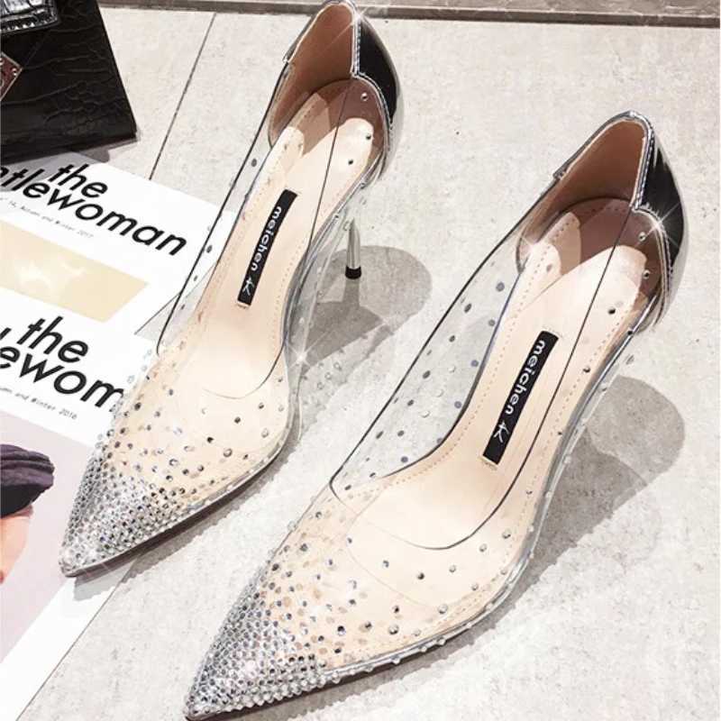 High Quality Wedding Shoes Womens High Boots Luxury Rhine Womens Pump Horn Toe Thin Boots Womens Transparent Crystal Dress Shoes T241024