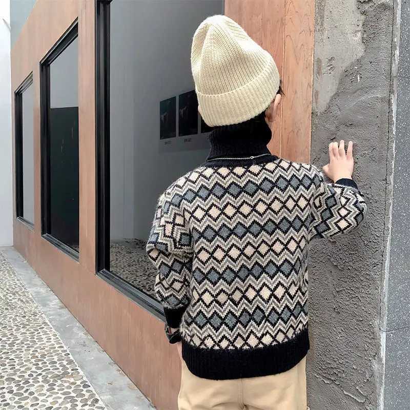 Autumn Children Boys Sweaters Cotton Argyle Thick Turtle Neck Babies Boys Pullover Long Sleeve Knitted Preschool Boys Bottom Top W241025