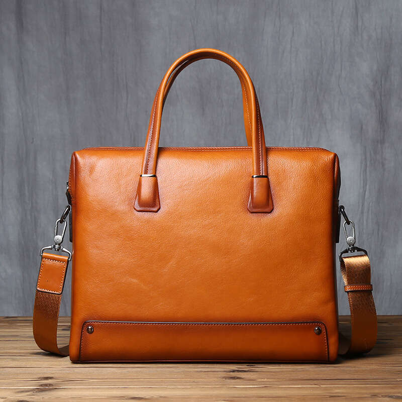 Leather Men Briefcase Natural Cowhide Handbag Vintage Computer Bag Casual Business Shoulder Messenger For 14-Inch Laptop