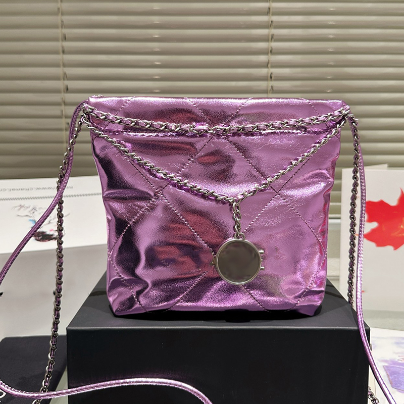 Designer Women Shoulder Bag Shiny Leather 22 Garbage Bag 20cm Mini Shopping Bag Silver Hardware Metal Letter Coin Charm Matelasse Chain Tote Crossbody Purse 5 Colors