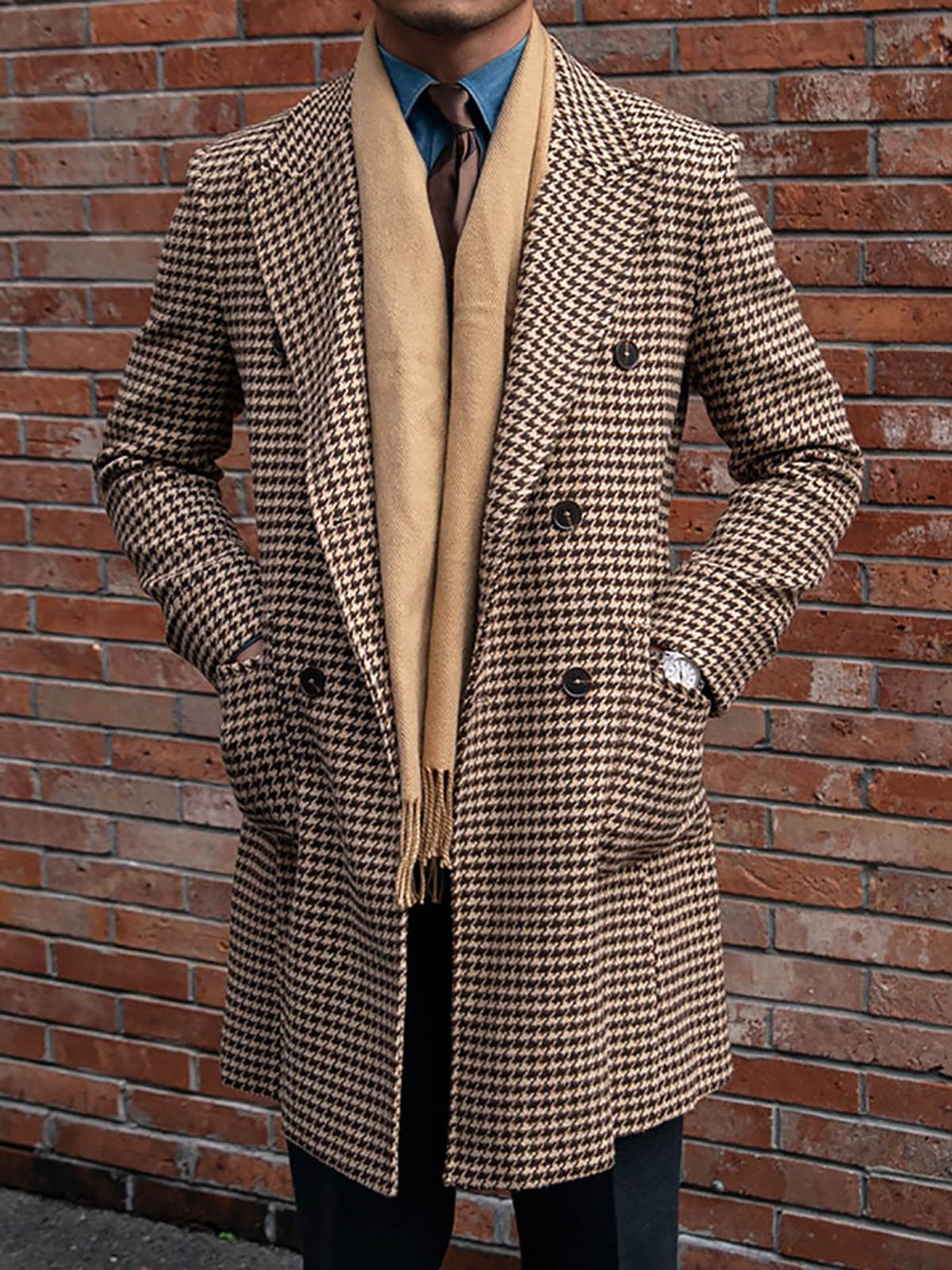 Vintage Men's Overcoat Peaked Lapel Tailored Wool Blend Jacket Blazer Houndstooth Autumn Winter Double Breasted Plus Size Windbreaker Custom Made