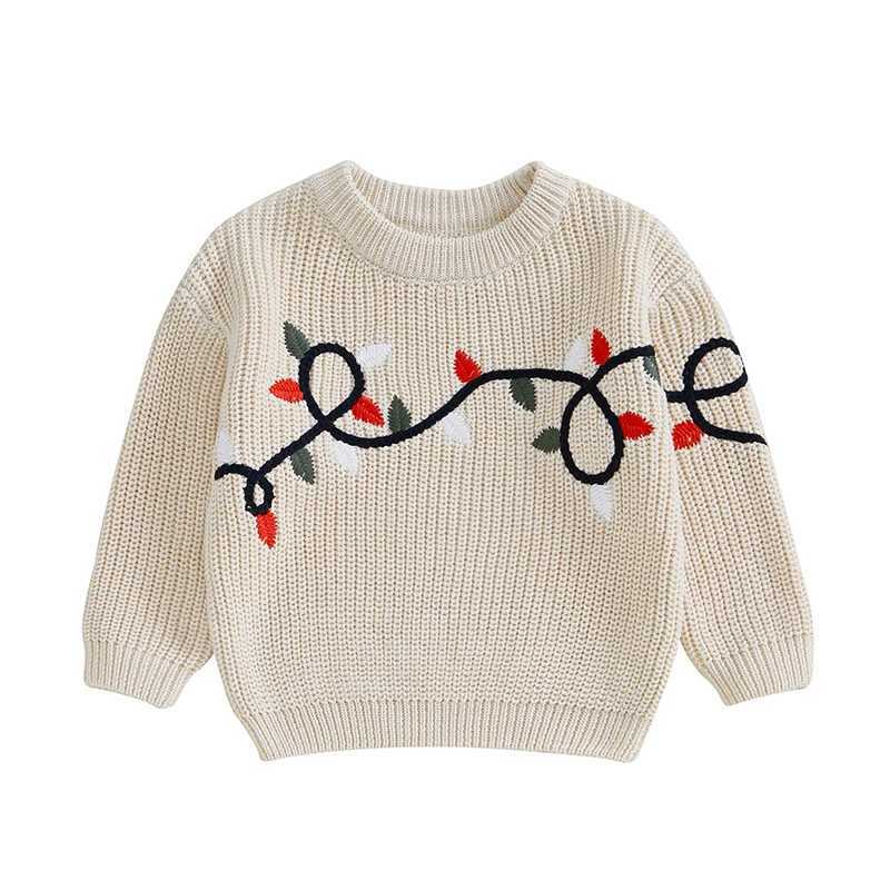 Girl and Boy Christmas Knitted Sweater Long Sleeve O-Neck Beaded Lamp Embroidery Pulling Flower Knitted W241025