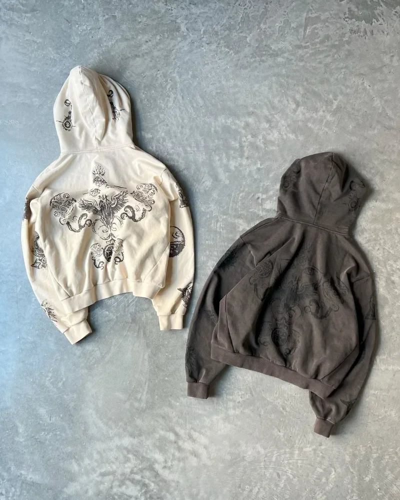 Cartoon Print Fashion High Street Retro Versatile Zipper Hoodie Men Y2k Harajuku Goth Punk Hip Hop Rock Oversized Sweatshirt 241021