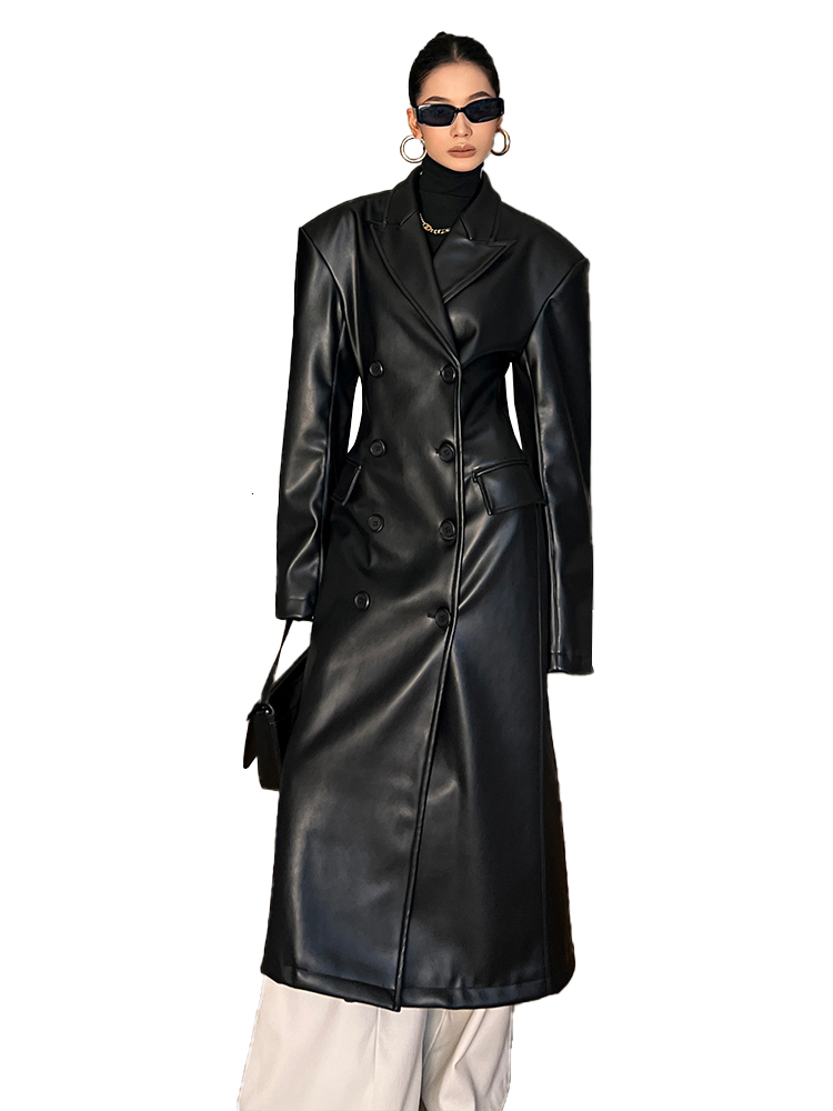 Nerazzurri Spring Autumn Long Black Fitted Pu Leather Trench Coat For Women Shoulder Pads Double Breasted Runway Fashion