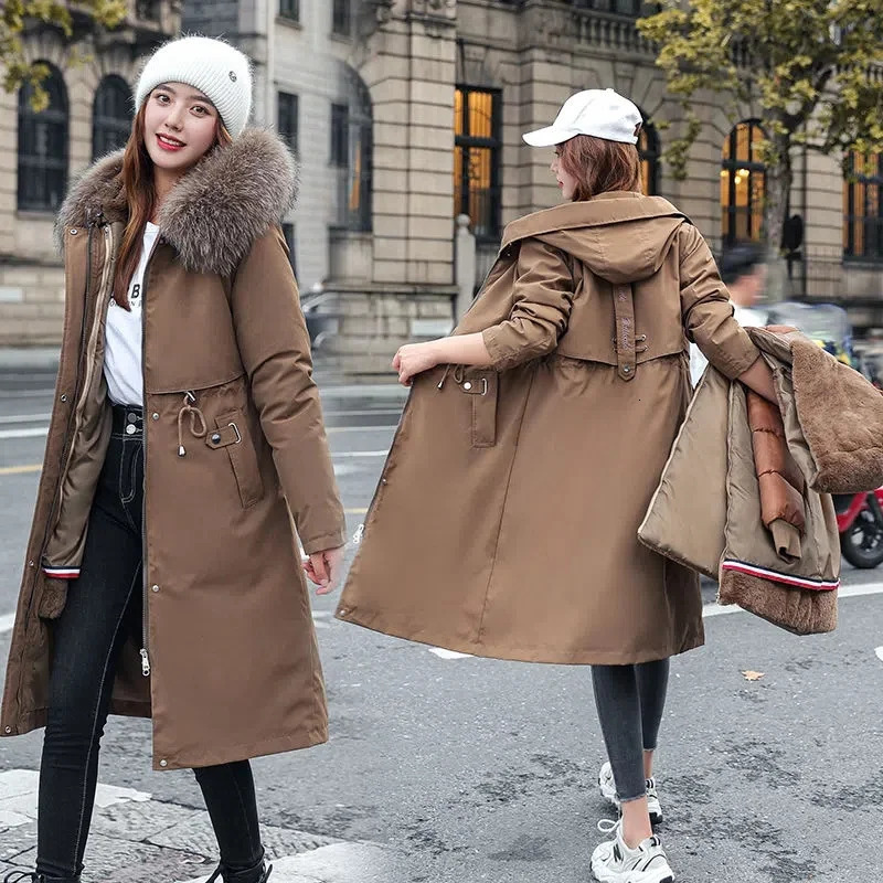 Winter Jacket Womens Parkas Thick Warm Fur Lining Long Coat Hooded Female Fleece Padded Parka Distachable Outwear 241021