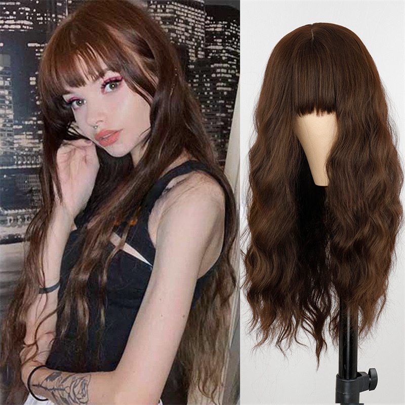 Fashion wig corn perm long curly hair thin rattan color air bangs chemical fiber wig headpiece