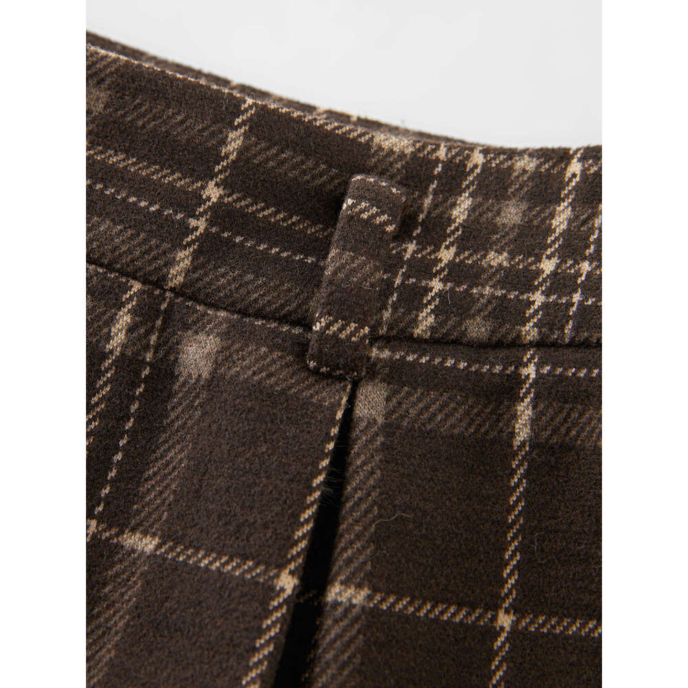 FSLE Office Lady American Retro Plaid Casual For Women Brown 2024 Autumn Winter New Straight Leg Pants 24Fs14560