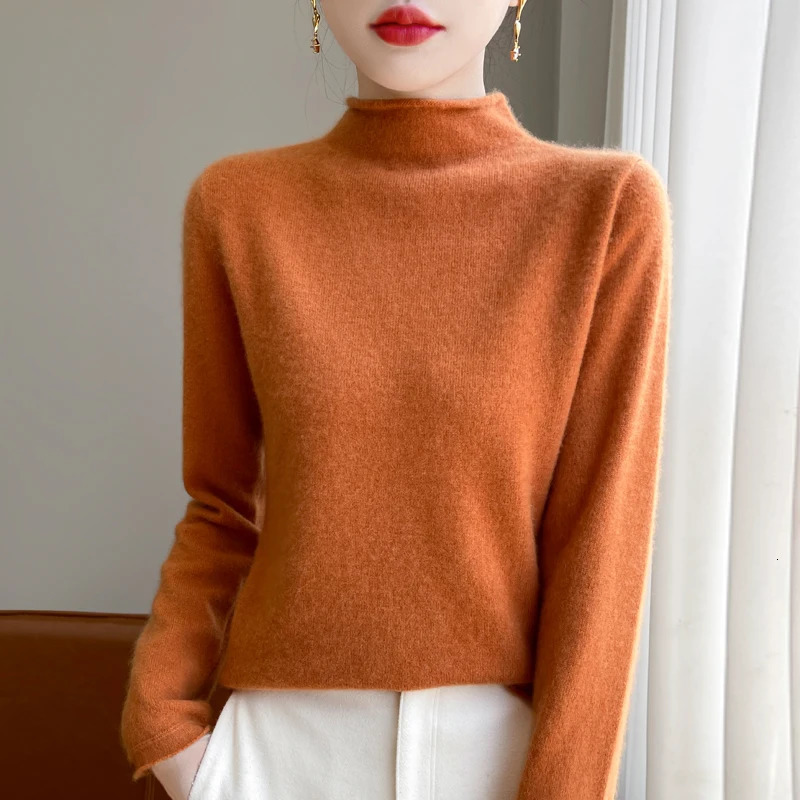 100% Wool Knitted Sweater Women Half High Collar Long Sleeve Tops Autumn Winter Korean Fashion Casual Loose Warm Female Pullover 241021