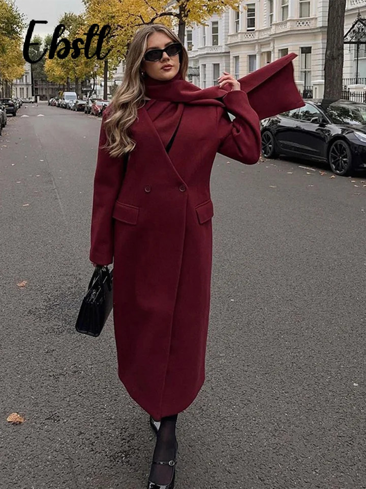 Wine red wool coat with scarf elegant womens full sleeves double chest long coat womens streetwear for autumn and winter 241024