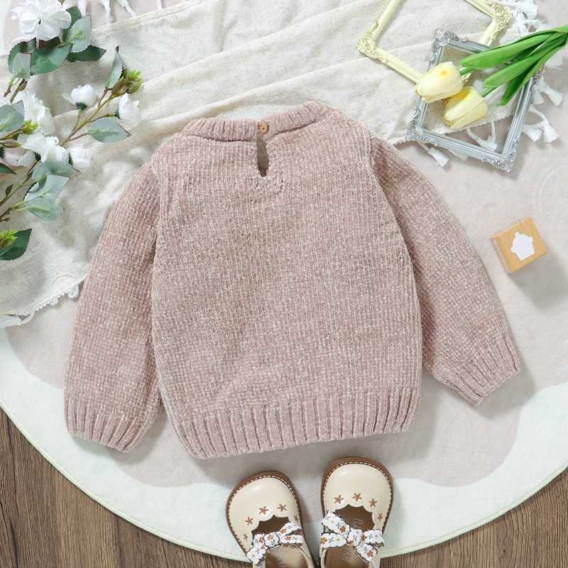 Suefenskry baby girl sweater long sleeved crew collar with ruffled edges solid color winter warm knit floral top baby knit dress W241025