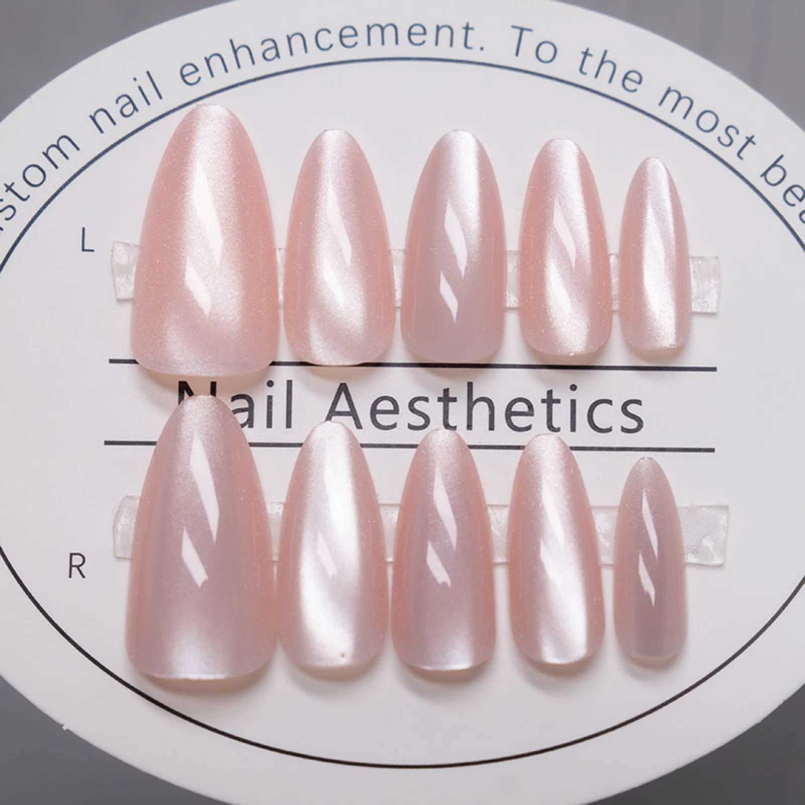 24pcs Long Almond Pink Cats Eye Fake Nails Press On Nails Round False Nail Flash Aurora Wearable Artificial Nails With AdhesiveXJ241025