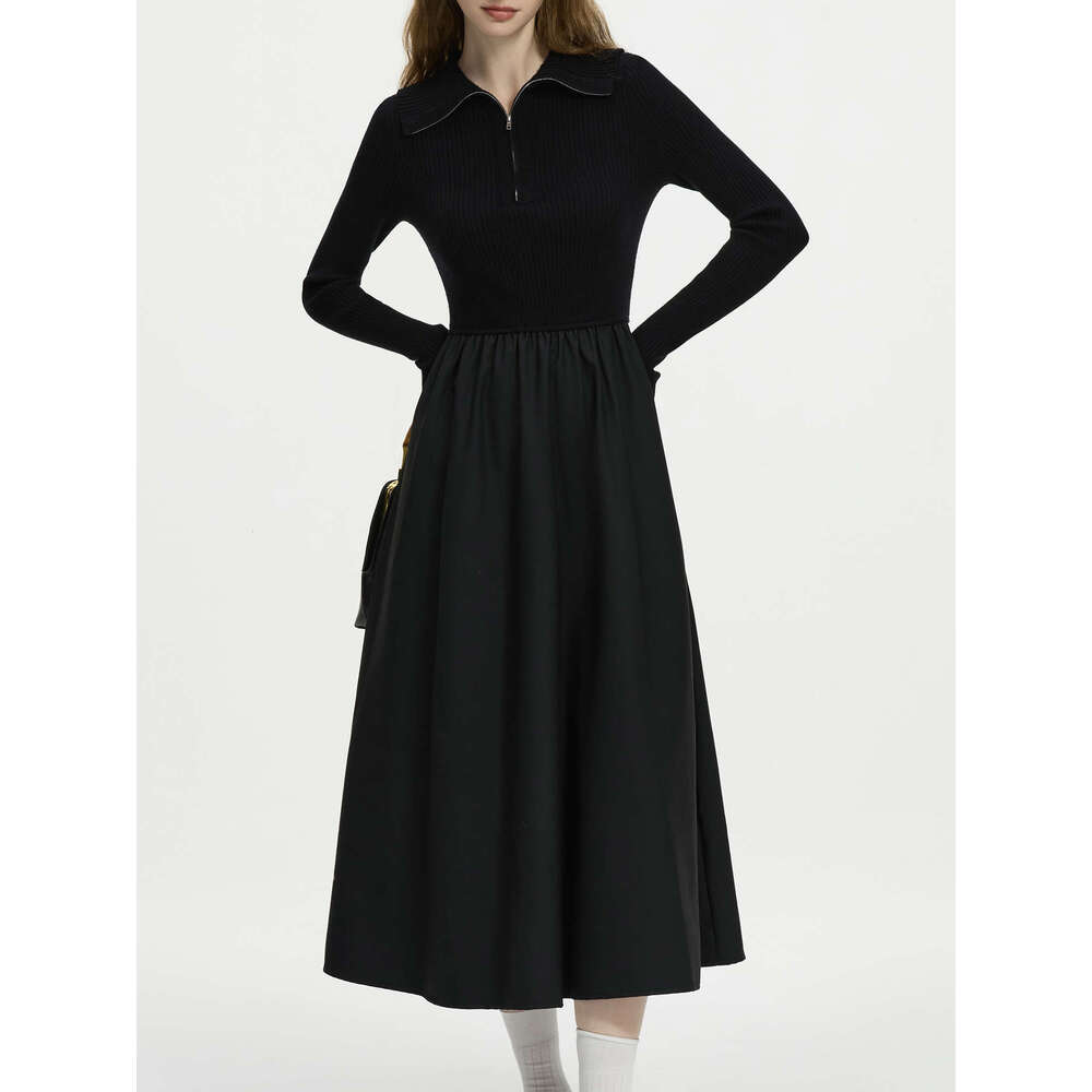 FSLE Elegant Lapel Knit Splicing Chic Black For Women 2024 Autumn Winter New Design Versatile Casual Long Dress 24Fs14251
