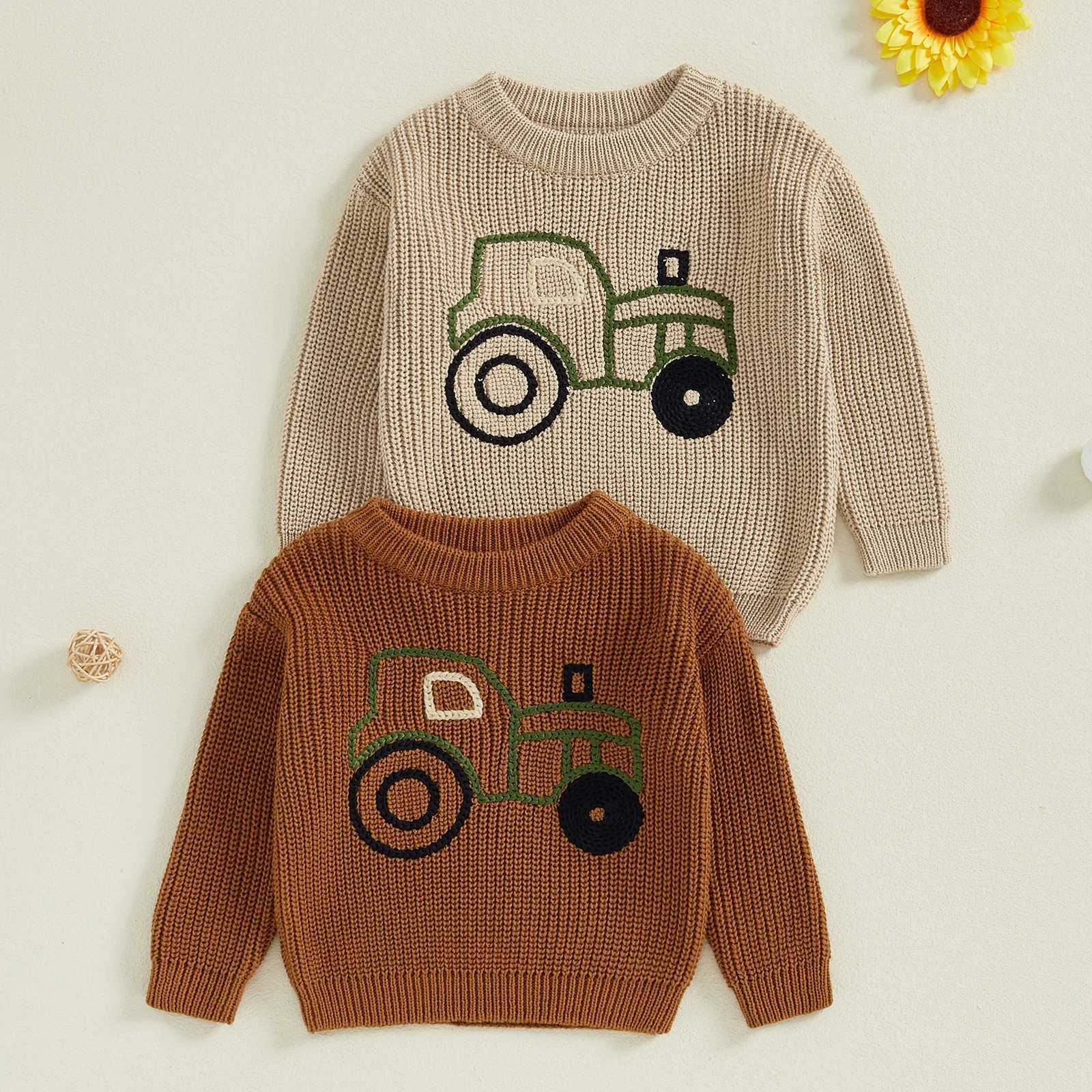 FOCUSNORM 0-3Y Autumn Winter Girls and Boys Knitted Sweater in 2 Colors Long Sleeve O-Collar Truck Embroidery Zipper Knitted Sweater W241025