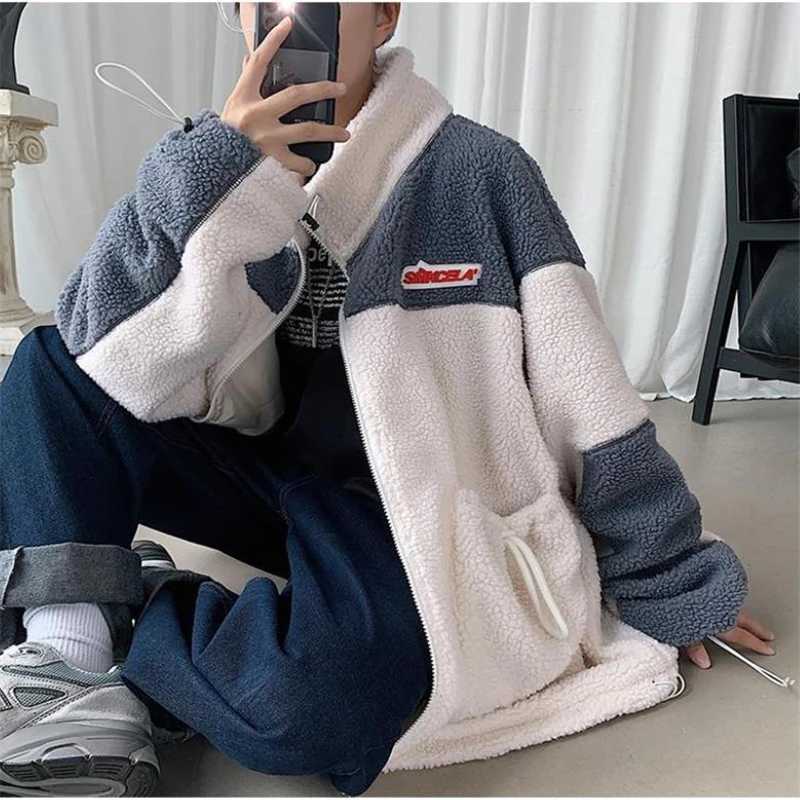 Winter coat mens fashionable warm polar Flce thick coat 2021 loose wild collar cashmere coat plus size mens clothing W241024
