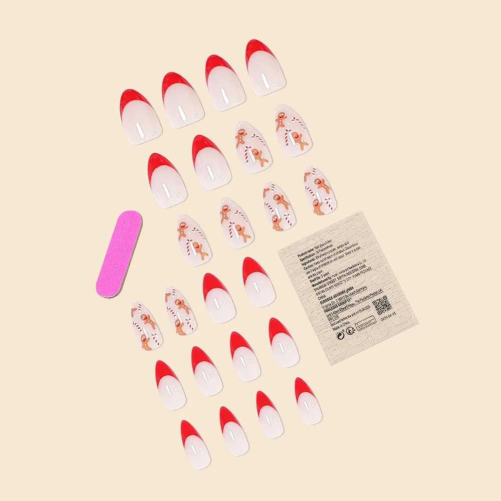 24Pcs Women Girls Medium Almond Red French Christmas Gingerbread Man Crutch Full Coverage Wearable Fake Nail Press on Nail ArtXJ241025