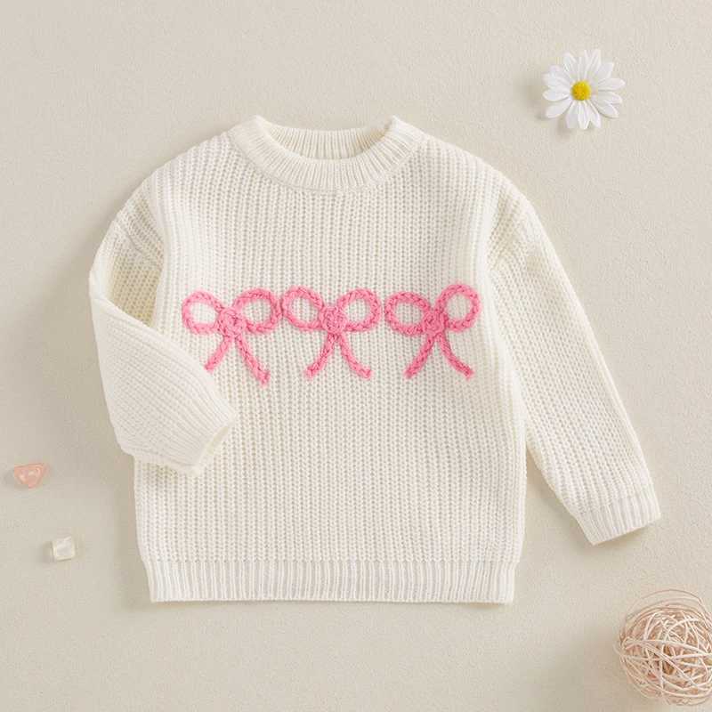Preschool Children Baby Girls Autumn Winter Sweater Long Sleeve Crewneck Bow Embroidered Warm Pull Knitted Jumper Top W241025