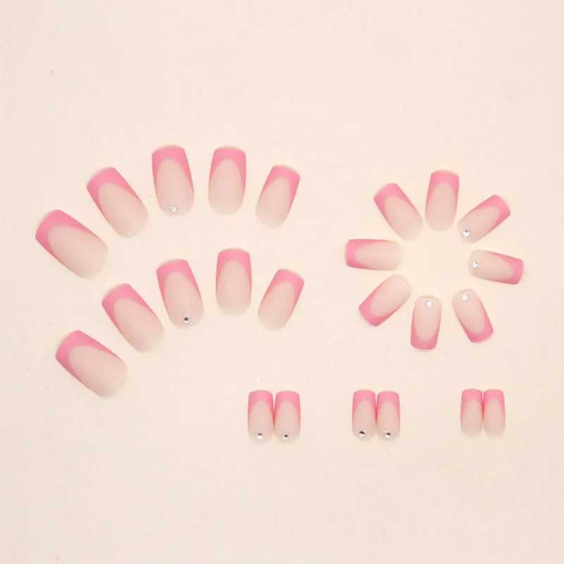 24pcs Simple French Rose Pink Rhinestone Frosted Sweet False Nails Set with Glue Artificial Cheap Fake Press on Nails for GirlsXJ241025