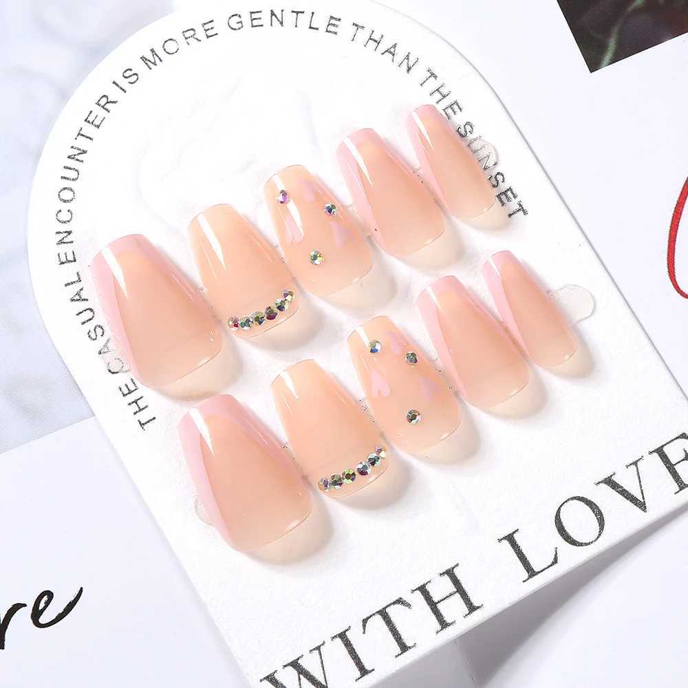 24pcs Short Square Head False Nails French Wearable Fake Nail Tips with Love Heart Designs Full Cover Acrylic Press On NailsXJ241025
