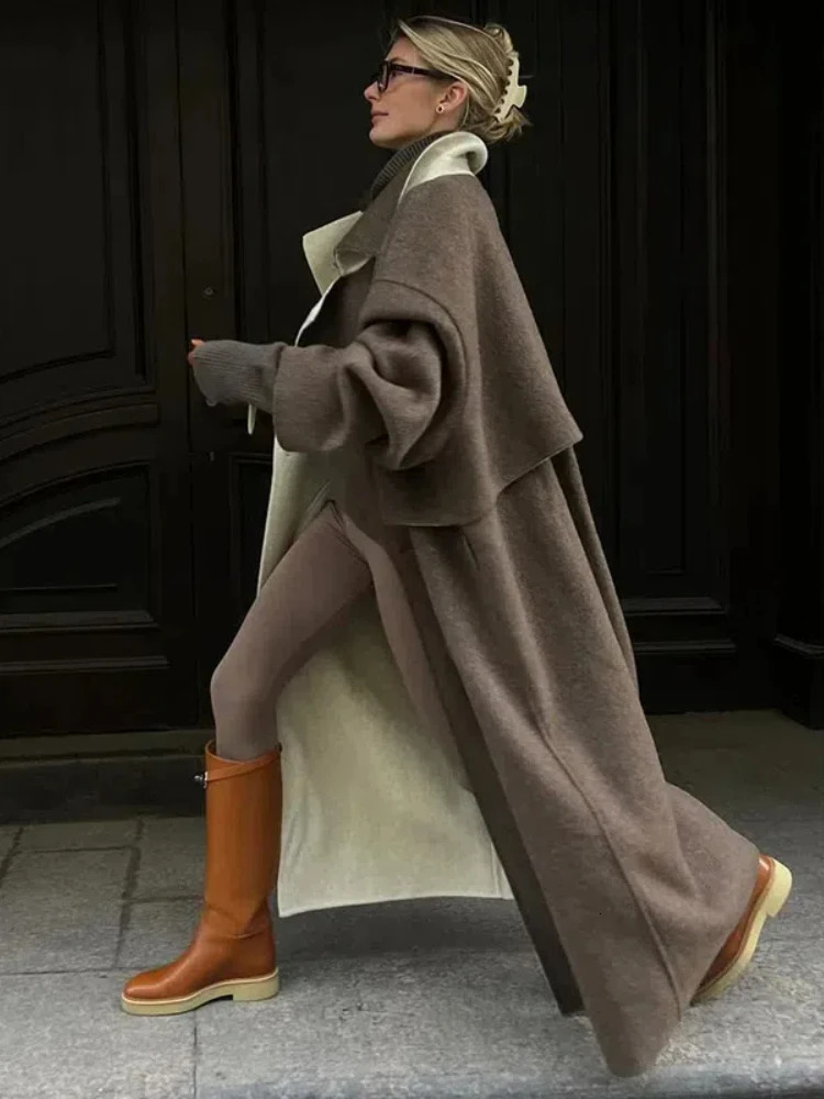 Retro collar wool long coat for womens casual and elegant single chest solid Maxi Coats womens winter loose chic streetwear 241024