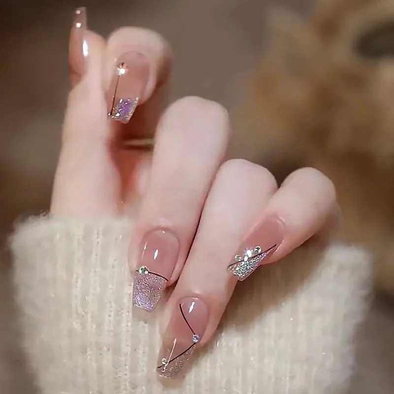 24Pcs Short Square False Nails with Jelly Adhesive Glitter Gradient Design Detachable Fake Fingernails Full Cover Press on NailsXJ2410