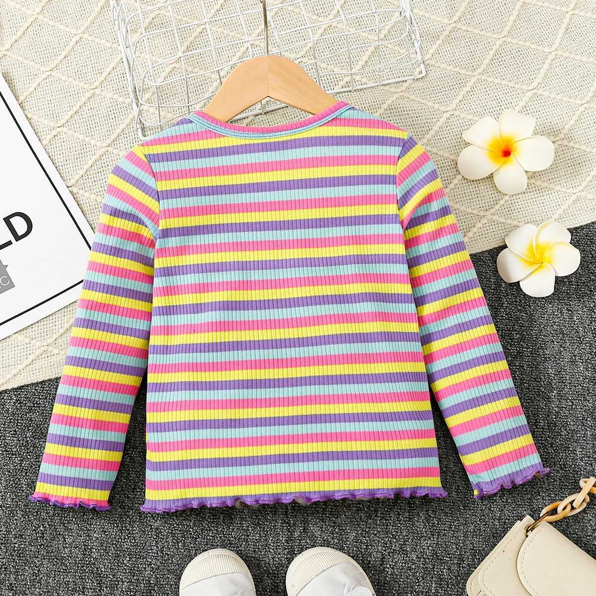 Spring and Autumn Girls Sweater Round Neck Long Sleeve Knitted Stickers Colorful Stripe Pattern Top Fashion Children W241025