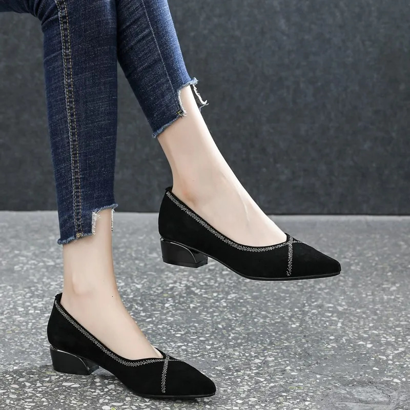Womens Pionted Toe Elegant Shoes Autumn Style Light Smooth on Short and Fat High Heels 241024