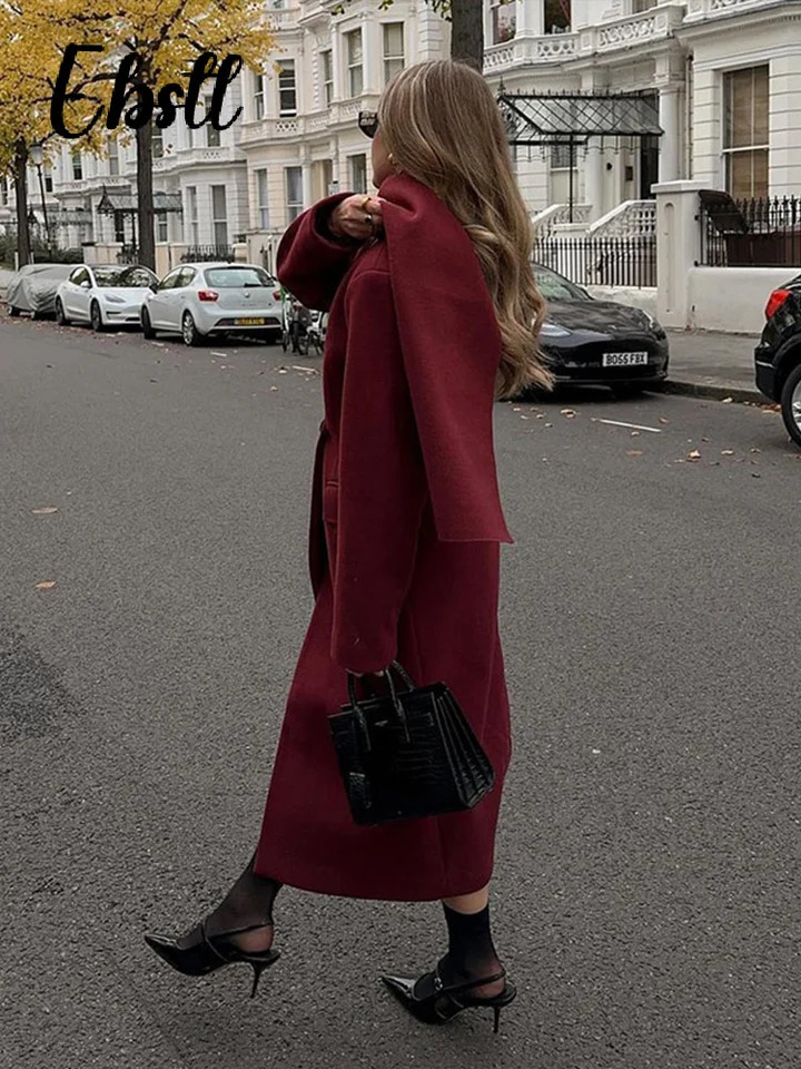 Wine red wool coat with scarf elegant womens full sleeves double chest long coat womens streetwear for autumn and winter 241024