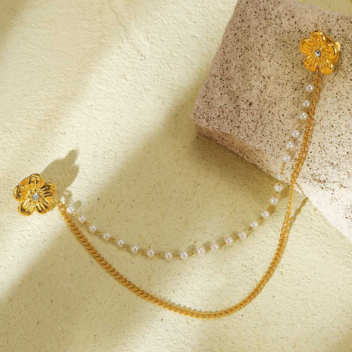 Cuff Links NIMAI Stainless Steel Flower Collar Clip Fashion Jewelry Pearl Beads Chain Tassel Women Men Shirt Cardigan Collar Pin z241025